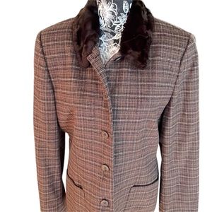 Calvin Klein size 12 brown plaid 2 piece skirt suit wool cashmere blend